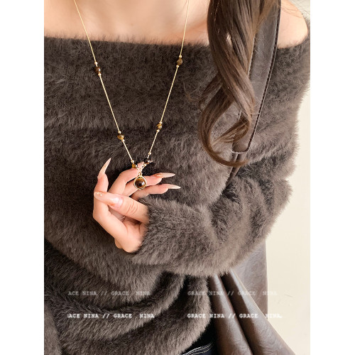 長款虎眼石吊墜毛衣鏈項鍊女秋冬配飾復古美拉德高級感2026新款