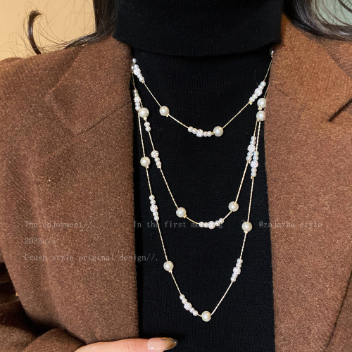 滿天星多層珍珠長款項鍊女輕奢高級曡戴配禮服頸鏈氣質大氣配飾品