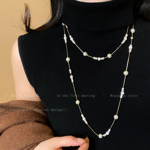 滿天星多層珍珠長款項鍊女輕奢高級曡戴配禮服頸鏈氣質大氣配飾品