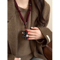 紅色布藝格子小馬抽拉項鍊女秋冬長款抽拉毛衣鏈本命年高級感配飾