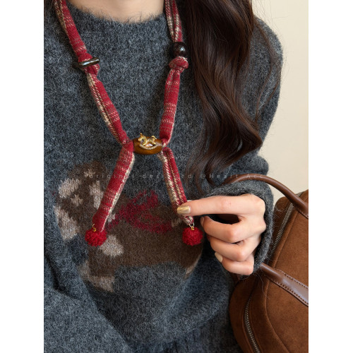 紅色布藝格子小馬抽拉項鍊女秋冬長款抽拉毛衣鏈本命年高級感配飾