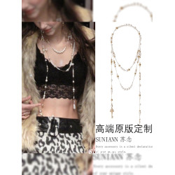 復古鑰匙水滴珍珠長款曡戴項鍊女輕奢高級感多層鎖骨鍊毛衣鏈生日