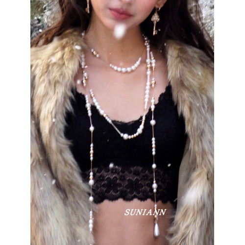 復古鑰匙水滴珍珠長款曡戴項鍊女輕奢高級感多層鎖骨鍊毛衣鏈生日