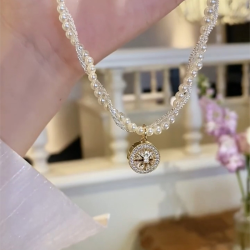 法式雙層施家珍珠滿天星麻花項鍊千金感八芒星羅盤鎖骨鍊頸鏈