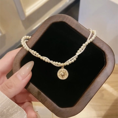 法式雙層施家珍珠滿天星麻花項鍊千金感八芒星羅盤鎖骨鍊頸鏈 法式雙層施家珍珠滿天星麻花項鍊千金感八芒星羅盤鎖骨鍊頸鏈