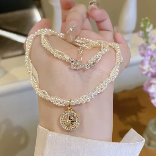 法式雙層施家珍珠滿天星麻花項鍊千金感八芒星羅盤鎖骨鍊頸鏈 法式雙層施家珍珠滿天星麻花項鍊千金感八芒星羅盤鎖骨鍊頸鏈