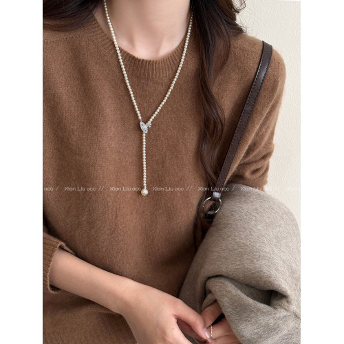 施家珍珠土星項鍊女長款小衆高級感氣質大氣抽拉毛衣鏈個性配飾