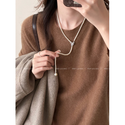 施家珍珠土星項鍊女長款小衆高級感氣質大氣抽拉毛衣鏈個性配飾