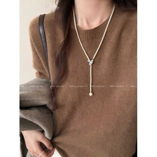 施家珍珠土星項鍊女長款小衆高級感氣質大氣抽拉毛衣鏈個性配飾