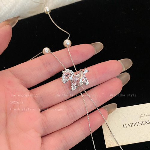 馬上好運~珍珠鋯石小馬項鍊女小衆設計長款毛衣鏈輕奢高級感配飾