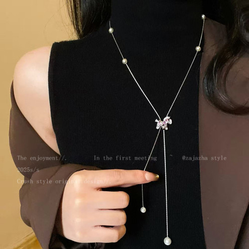 馬上好運~珍珠鋯石小馬項鍊女小衆設計長款毛衣鏈輕奢高級感配飾