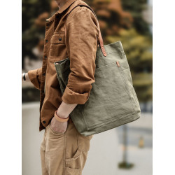 文藝復古牛皮配帆布包 男士單肩包日系斜後後背包 托特包男手提電腦包