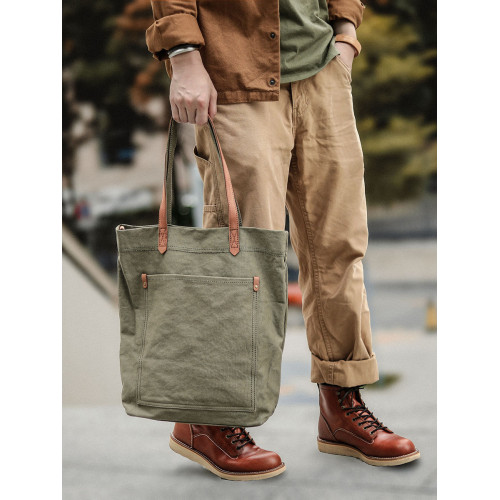 文藝復古牛皮配帆布包 男士單肩包日系斜後後背包 托特包男手提電腦包