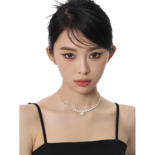 法式碎銀子珍珠款吊墜項鍊秋冬配飾女毛衣鏈輕奢小衆高級感鎖骨鍊