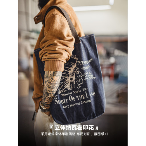 馬登工裝美式復古牛仔大容量托特包丹甯通勤單肩包做舊手提包包男