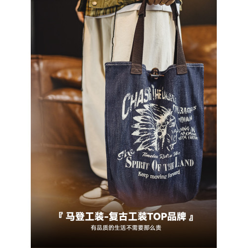 馬登工裝美式復古牛仔大容量托特包丹甯通勤單肩包做舊手提包包男