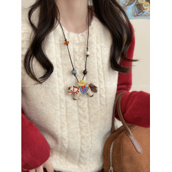 馬上好運~可愛布藝玩偶小馬項鍊胸針女本命年長款毛衣鏈裝飾胸花