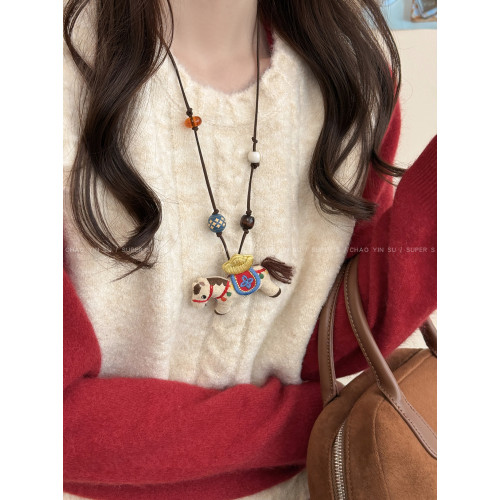 馬上好運~可愛布藝玩偶小馬項鍊胸針女本命年長款毛衣鏈裝飾胸花