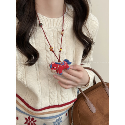 馬上好運~可愛布藝玩偶小馬項鍊胸針女本命年長款毛衣鏈裝飾胸花