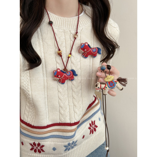 馬上好運~可愛布藝玩偶小馬項鍊胸針女本命年長款毛衣鏈裝飾胸花