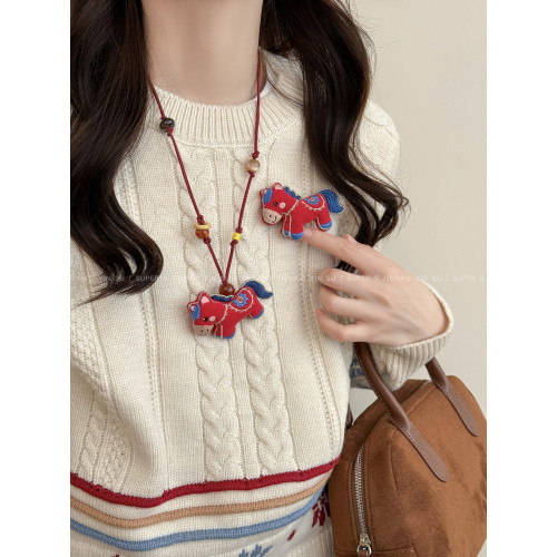 馬上好運~可愛布藝玩偶小馬項鍊胸針女本命年長款毛衣鏈裝飾胸花