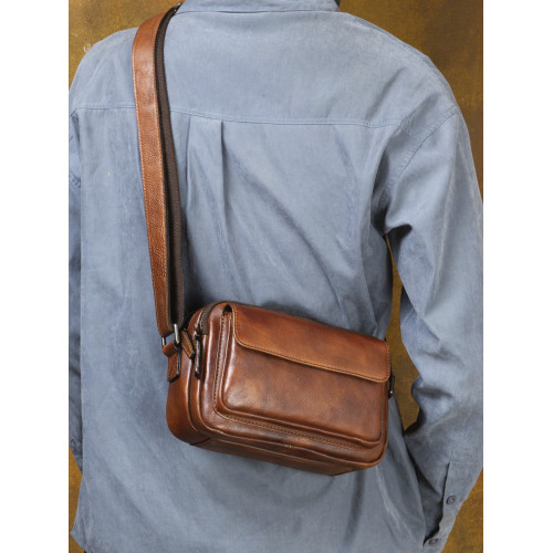 慢時光復古式手工擦色真皮斜背休閒男包頭層植鞣牛皮單肩包小方包