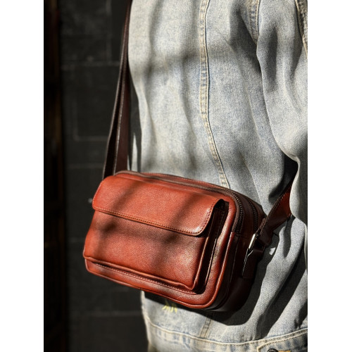 慢時光復古式手工擦色真皮斜背休閒男包頭層植鞣牛皮單肩包小方包