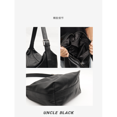 UncleBlack牛皮大容量慵懶風斜後後背包男款高級感休閒通勤簡約單肩包
