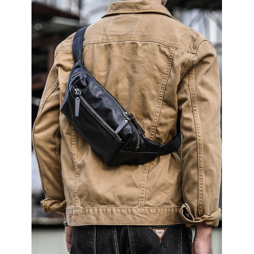 簡約頭層牛皮男士胸包男真皮斜肩包休閒斜後後背包肩包斜背小後後背包腰包