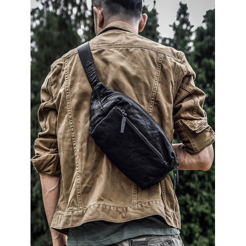 簡約頭層牛皮男士胸包男真皮斜肩包休閒斜後後背包肩包斜背小後後背包腰包