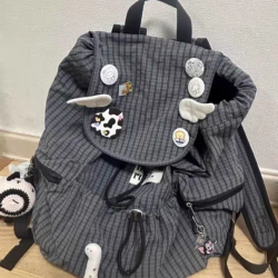 韓國小衆設計雙肩包2025新款抽繩雙肩包格子多口袋速乾後後背包書包