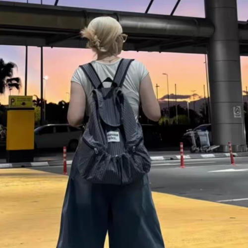 韓國小衆設計雙肩包2025新款抽繩雙肩包格子多口袋速乾後後背包書包