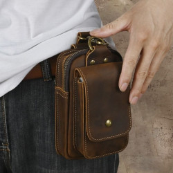 簡約復古手工牛皮男士手機菸盒腰包瘋馬皮多功能皮帶掛包戶外包