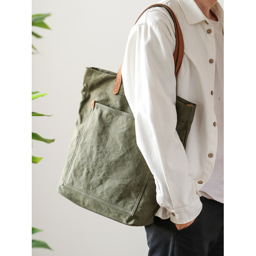 原創男士單肩包帆布配真皮大容量文藝斜後後背包通勤手提包休閒托特包