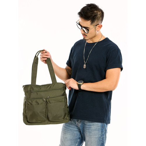 輕便防水男士通勤休閒單肩托特包兩側口袋小挎包多口袋旅遊隨身包