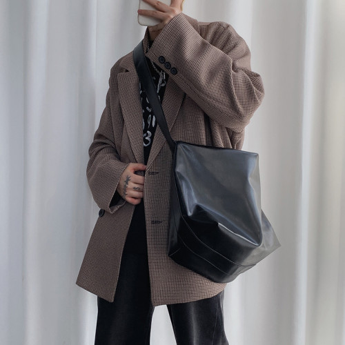 韓國街頭男女簡約軟皮托特斜後後背包大容量潮流大包ins中性風單肩包