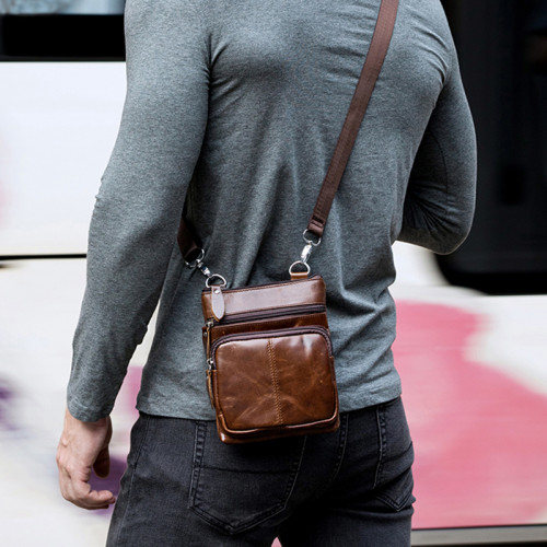 頭層牛皮單肩斜後後背包男士真皮商務休閒男包手機包小方包復古油蠟皮