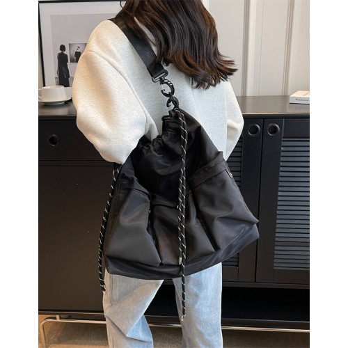 港風潮酷暗黑風單肩包男女百搭抽繩束口大容量尼龍布斜後後背包通勤包