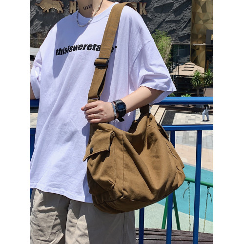 日系復古帆布包男生休閒大容量斜後後背包ins潮牌單肩包女通勤郵差包