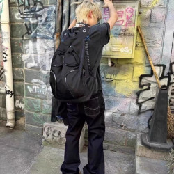 尼龍多口袋戰術大容量雙肩包Y2K千禧黑色異型後後背包女龐克大容量