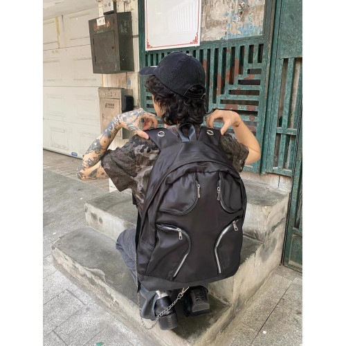 尼龍多口袋戰術大容量雙肩包Y2K千禧黑色異型後後背包女龐克大容量