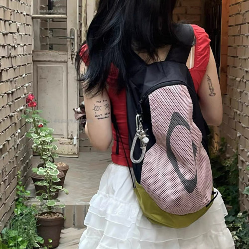 2025新款韓系撞色網眼輕便雙肩包書包小衆設計感菱形格子後後背包