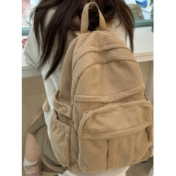 秋冬新款簡約大容量多口袋純色燈芯絨休閒日系大書包雙肩包後後背包