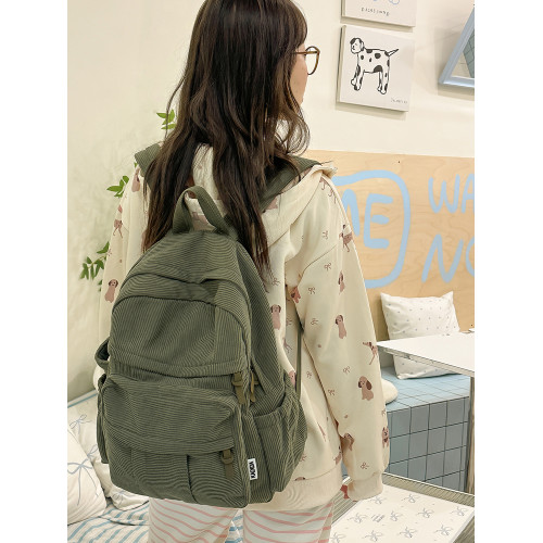 秋冬新款簡約大容量多口袋純色燈芯絨休閒日系大書包雙肩包後後背包