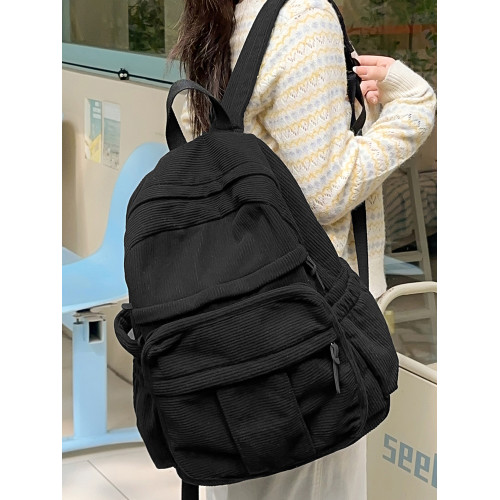 秋冬新款簡約大容量多口袋純色燈芯絨休閒日系大書包雙肩包後後背包