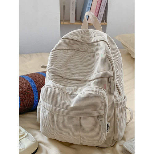 秋冬新款簡約大容量多口袋純色燈芯絨休閒日系大書包雙肩包後後背包