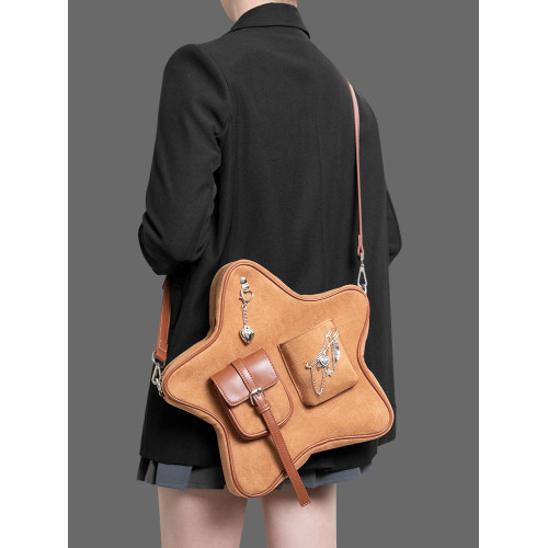 HIATUS原創復古棕色五角星掛墜胸針裝飾多口袋雙肩斜後後背包休閒後後背包