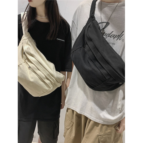 慵懶風帆布包男大容量斜後後背包潮牌胸包日系學生後後背包復古休閒單肩包