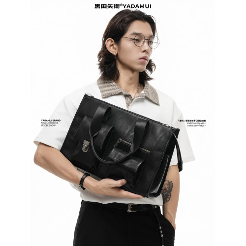 黑田矢衛「跡搆」多口袋手提單肩包男女同款托特包復古褶皺公文包