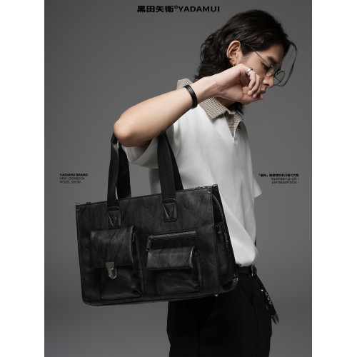 黑田矢衛「跡搆」多口袋手提單肩包男女同款托特包復古褶皺公文包